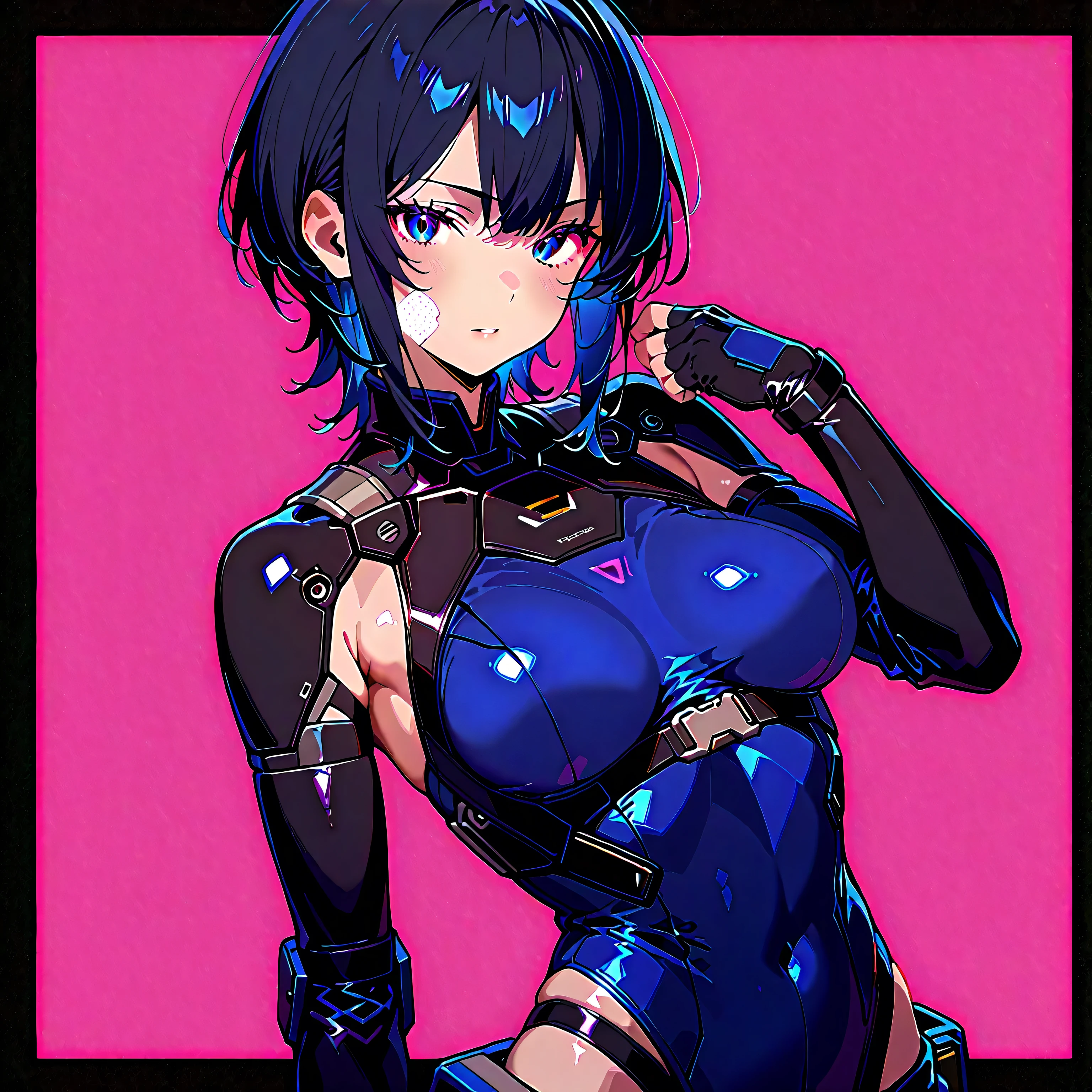 ((1boy)), hair ornament, blue hair, rabbit ears, playboy bunny, (Boy Messy Japanese Round Haircut for Thick Hair), bangs, leotard, blue eyes, detached collar, pink background, simple background, (solo)), (magazine:1.3), (cover-style:1.3), fashionable, score_9, score_8_up, score_7_up, best quality, masterpiece, 4k, perfect lighting, very aesthetic, GOTH GIRL, (red pupils with X shape:1), x-shaped pupils, Ultra-detail,(highres:1.1),best quality,(masterpiece:1.2), cinematic lighting, (detailed face and eyes:1.2),