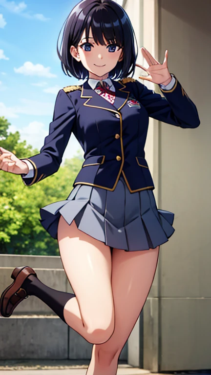 woman,20-year-old,pool,noon,(((uniform in skirt))),,open mouth smile((leather thigh high boots))(),(big ass),(()),blush、surprised face,(((I can see your pants))),((((look back))))(cute underwear)(Reflecting the buttocks)(stick out your butt)