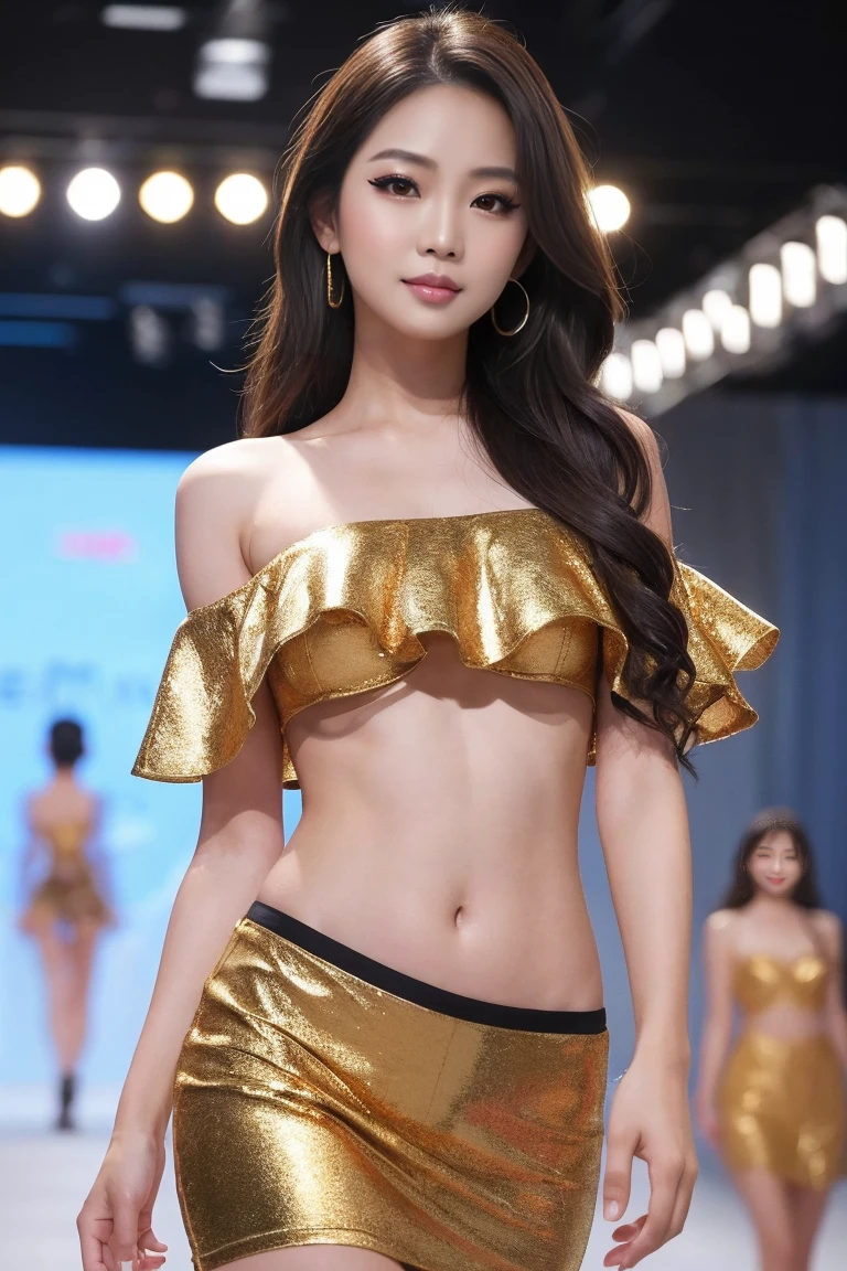 (Masterpiece:1.3), (8k, Photorealistic, RAW Photography, Best Quality: 1.4), (((1girl:1.3))), A pretty woman with perfect figure :1.4, Cute face, Beautiful Face, (Realistic Face), Beautiful Hairstyle, Realistic Eyes, Beautiful Details, (Realistic Skin), Beautiful Skin, Attractive, Ultra High Definition, Ultra Realistic, Very Detailed, (small breasts:1.3), (cleavage:0.8), Japanese walking the runway at a fashion show, semi-long curly hair, bangs, (Brown hair, small breasts:1.3), ((slim figure:1.2)), Small buttocks, ((Off shoulder micro light yellow bikini)),  (narrow areola, small areola), (perfectly shaped ), (Small and beautiful ), poses of fashion models, gentle smile