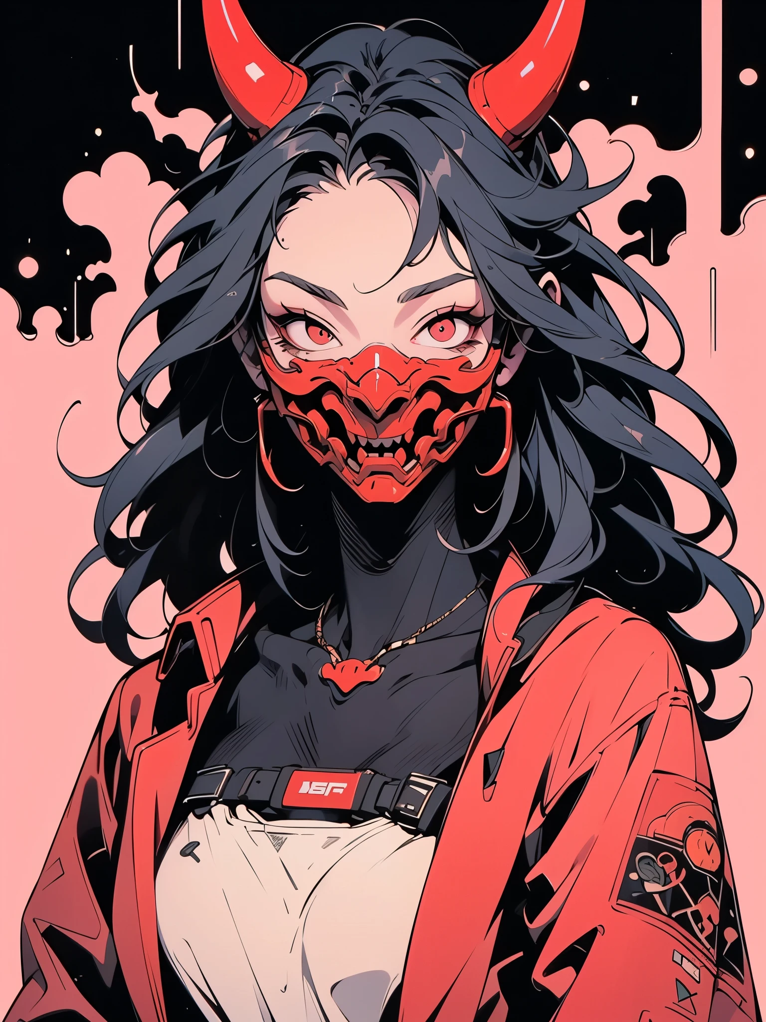 The image depicts a stylized, futuristic character wearing a red and black outfit. The character has a robotic head with sharp, angular features, including a prominent horn-like structure on the forehead. The face is partially obscured by a metallic mask with glowing red accents. The character is equipped with a high-tech firearm strapped across their chest, and they are wearing a red jacket with black accents and a skull emblem on the left side. The background is minimalistic, with a gradient of light pink and white, and there are splashes of red and black scattered around, giving a dynamic and energetic feel to the scene. The overall aesthetic is sleek and cyberpunk, emphasizing advanced technology and a futuristic setting.