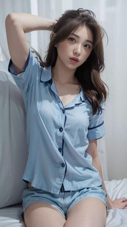 (best quality, masterpiece, girl, solo, bed), white shirt, feeling shy, red cheeks, <lora:shirt_tug:1>