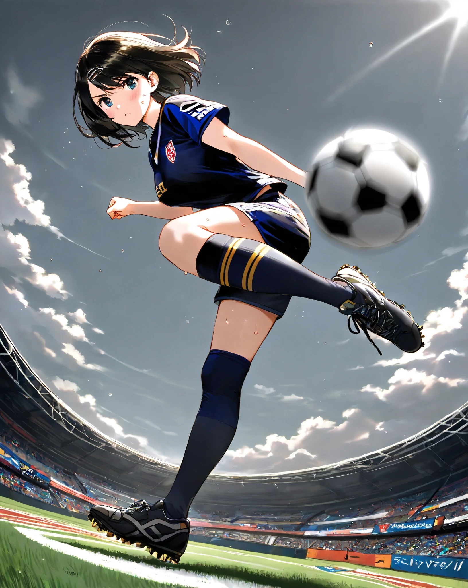 Black anime girl, black hair tied up, wearing dar blue and red and white soccer kit, wearing soccer boots, on the stadium, kicking ball