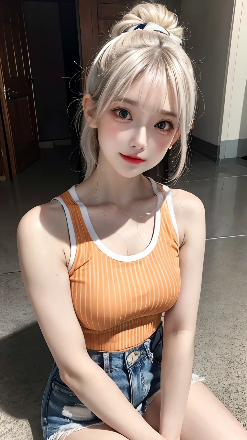 one person、Blonde、whole body photos、Yellow polo shirt、Cleavage、Green mini skirt、fun、Blonde、、whole body、slender、woman、White drool coming out of the mouth、Twin tails、 Fair skin,Super cute、Soft and Face、Brown Hair、8k resolution、Surreal、Ultra high definition、 Soft Body、A-cup small breasts((Highest resolution、8k、masterpiece:1.3))、Ultra-fine face、Ultra Fine Lips、Beautiful Eyes、double eyelid,Slender figure、I can see your thighs、Shapely small breasts、Light blue wall