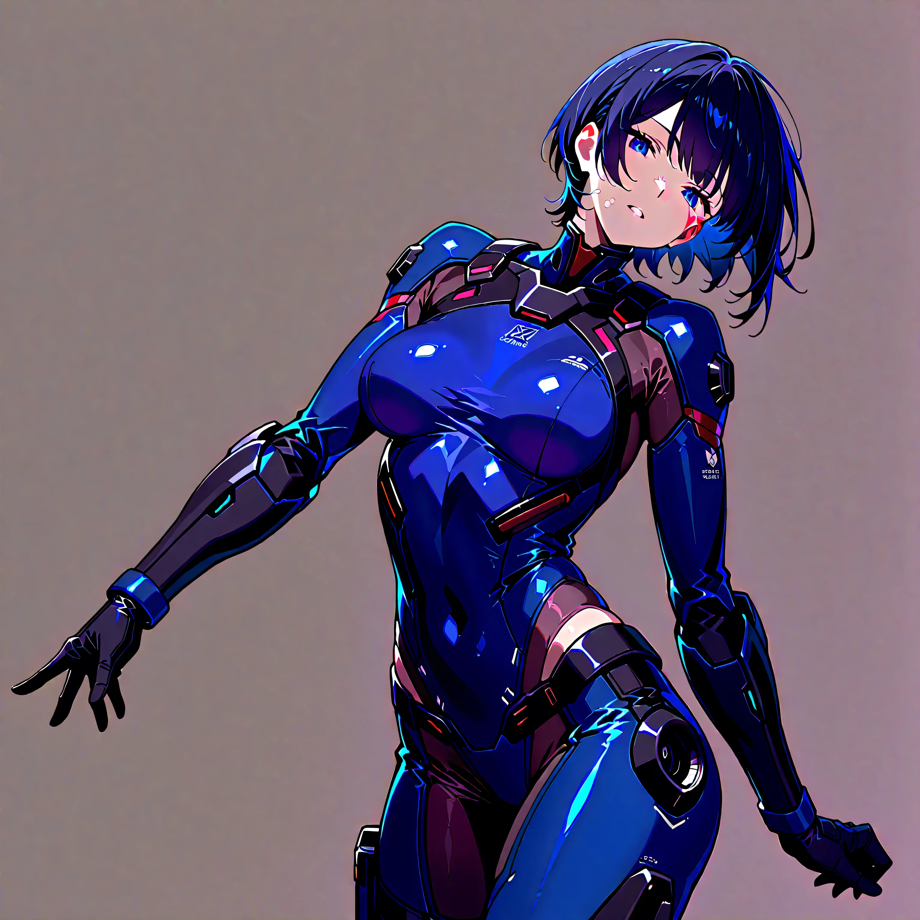 (masterpiece Best Quality, absurderes, Perfect Anatomy, Unity 8k Wallpapers,best cell anime), Detailed beautiful face and eyes,cowboy shot,(focus 1woman,solo:1.2),18-year-old beauty、short cut hair,dark brown hair,blue eyes,(o shy expression:1.3,Open your mouth small),((smaller head:1.5,skinny:1.6,medium breasts)),(Sexy Bodysuit:1.3,sweat:1.4),(cyber punk),