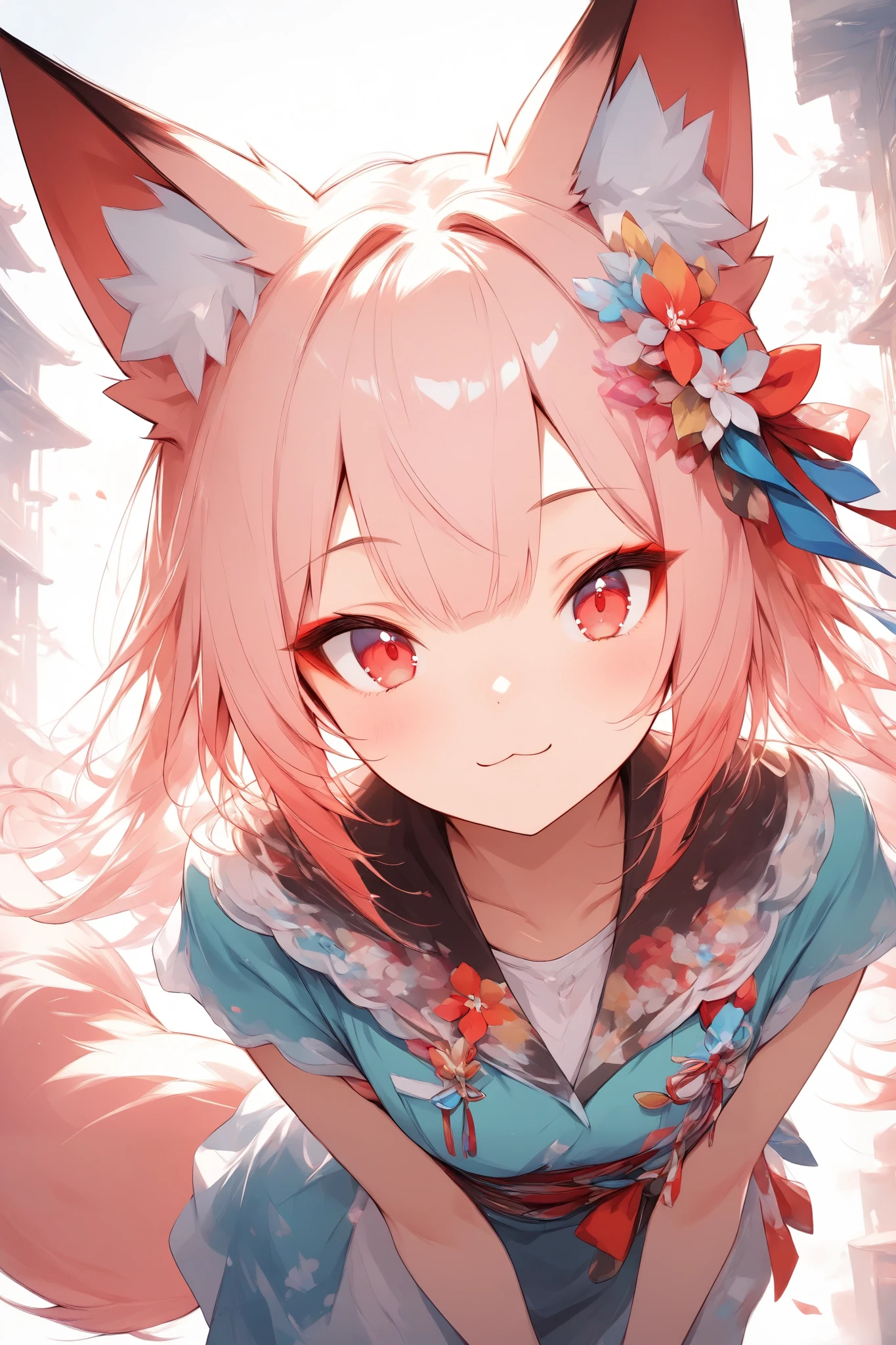 (masterpiece:1.2),high quality of wavy lines、very breathtaking、beautiful details、best image quality、((Three-dimensional works))、 fox girl、fox ears、fox tail、red eyes、tsurime、leaning forward、strangely look here、first-person view、close-up on the background、 Fresh Colors 、Refreshing work,:3,cute