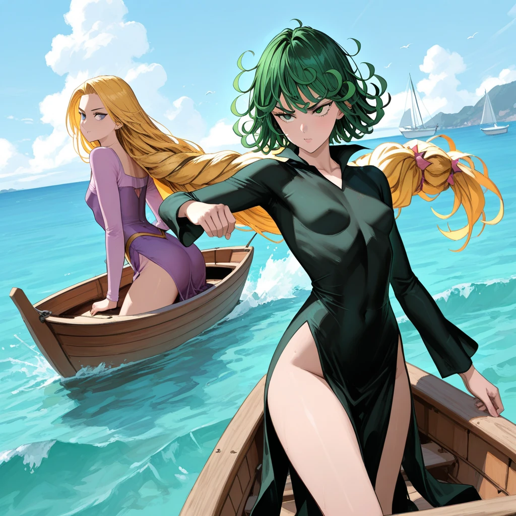 Women, at the beach, wet, Water beads on body, side view, full body view, half naked, only thong wearing, green hair