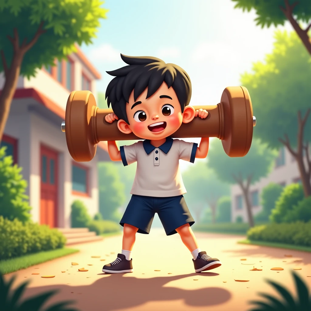 4D caricature image of a kid lifting a barbell, while grimacing feels heavy, background of the Indonesian presidential palace, 4k, realistic