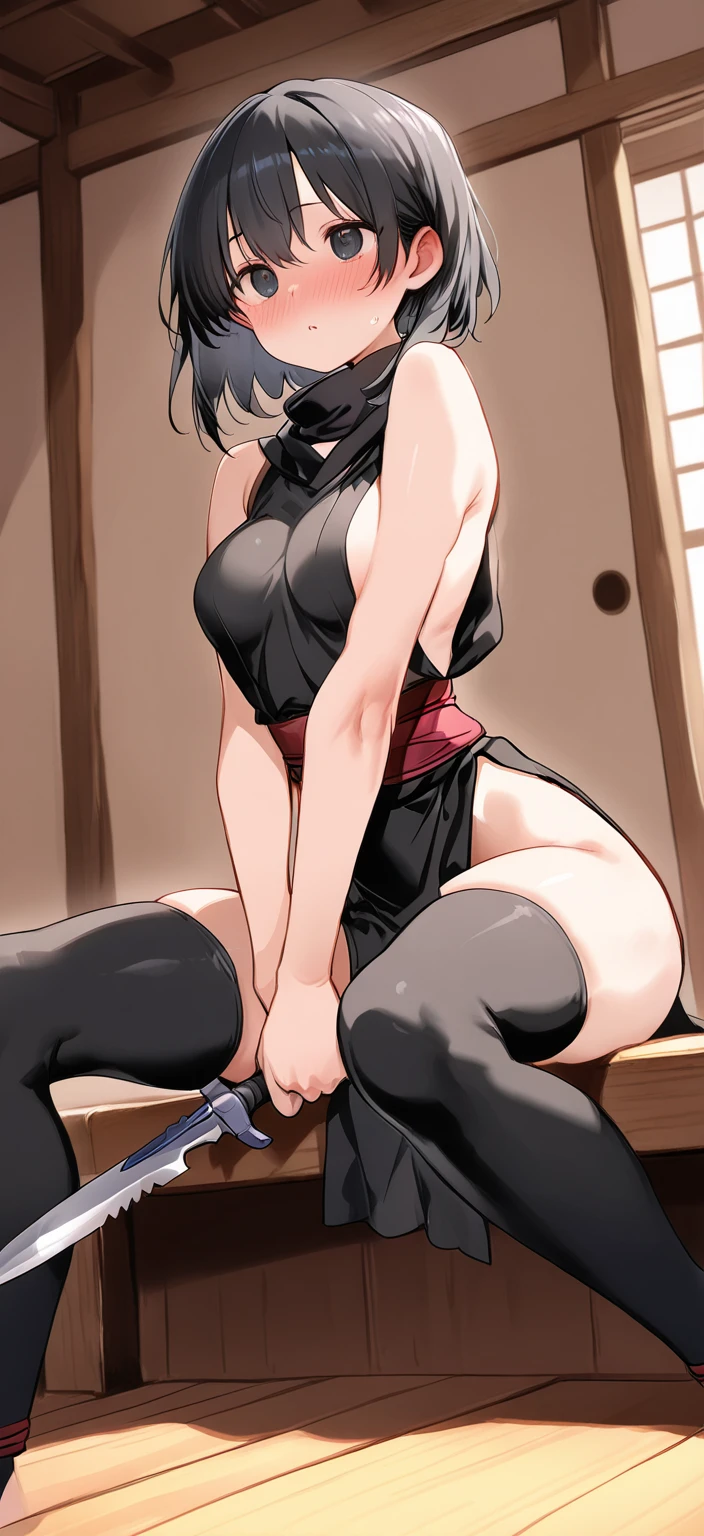 masterpiece, best quality, perfect proportions, Detailed facial expressions, Soft drawing style, (kunoichi, Female Ninja, ninja girl:1.5), 2d, long hair, ponytail, (hair between eyes, bangs:1.75), red eyes, big eyes, huge breasts, thin waist, wide pelvis, big ass, wide thighs, long legs, exposed navel, Pelvic exposure, armpit, (Nipple marks:1.2), (sexy girl:1.5), (NSFW:1.2), (milf:1.5), (clingy black gi, Side slit, cleavage exposed, sideboob:1.5), Thigh choker, Pressed breasts, {{tsurime:1.5}}, flushing, (a shy expression:1.5), heavy breathing, (a lot of sweat, Sweaty, Thighs wet with love juice:1.75), Pussy marks, (Spread your legs and squat:1.5), Japanese hot spring background, outdoor hot spring background, Composition seen from the front, night, dark background