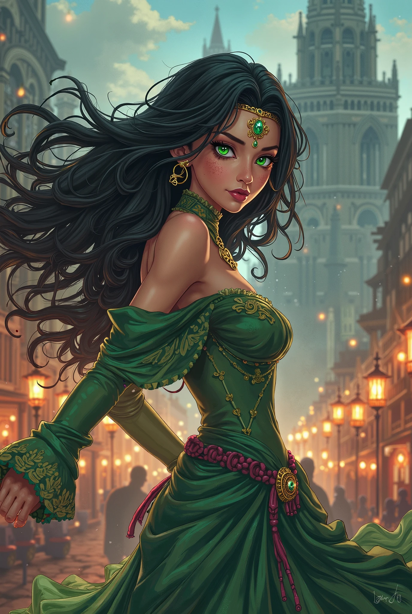 ((((A young woman))), the anime, ( Green eyes), (black hair), Nice face, ssmile, the perfect body, Wavy Hair, hairlong, (((morena))), big breastes, ((tmasterpiece, beste-Qualit)), illustartion, ультра детализированная 8k, Photorealistic, sharp-focus, higly detailed, Professional lighting, colorful details, Rainbow colors, Glowing, intricate detials, Vivid details, Clothing style: Boho