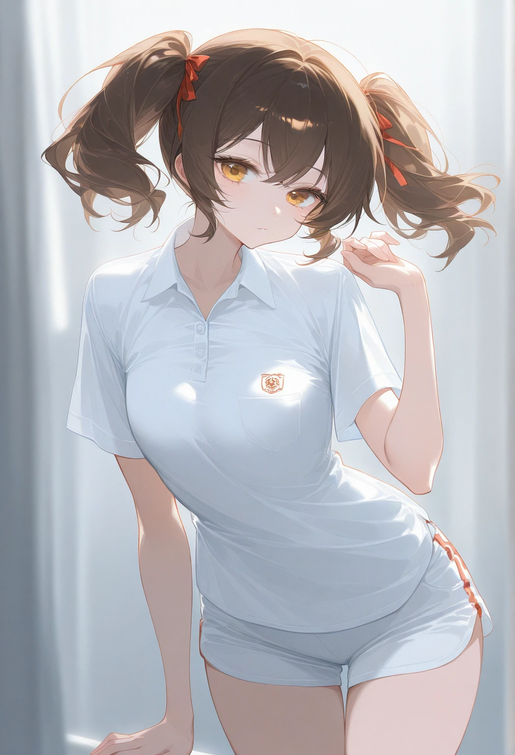 tennis wear, (masterpiece, best quality, realistic, hyper-detailed:1.2), absurd, (shiny skin, sweaty:1.4), looking at viewer, 1girl, solo, straight long hair, blunt bangs, orange hair, brown eyes, white polo shirt, white sneakers, white miniskirt, slender, small breasts, (thick thighs:0.7), dynamic lighting, high resolution, sharp focus, depth of field, detailed eyes, sharp pupils, realistic pupils