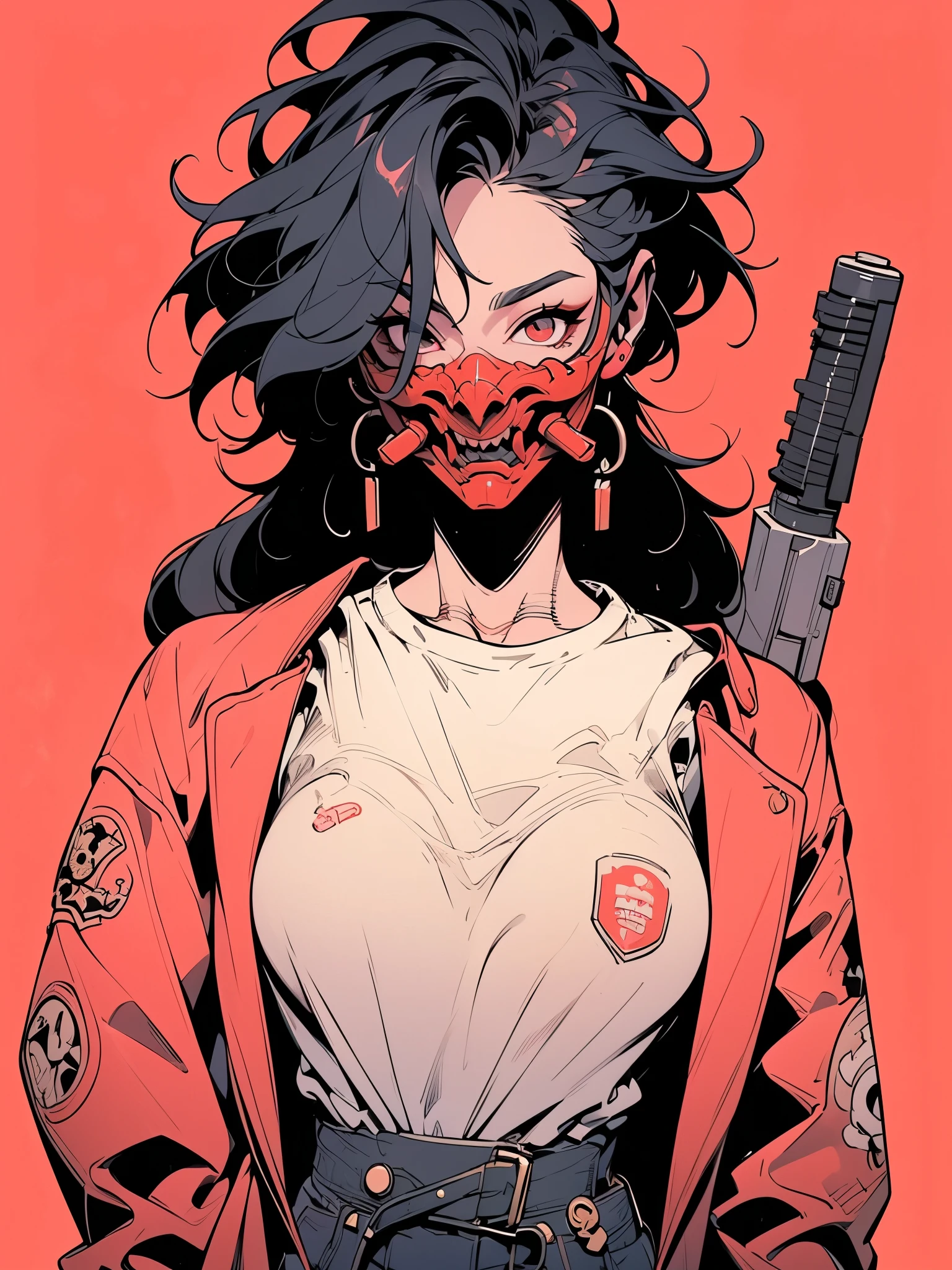 The image depicts a stylized, futuristic character wearing a red and black outfit. The character has a robotic head with sharp, angular features, including a prominent horn-like structure on the forehead. The face is partially obscured by a metallic mask with glowing red accents. The character is equipped with a high-tech firearm strapped across their chest, and they are wearing a red jacket with black accents and a skull emblem on the left side. The background is minimalistic, with a gradient of light pink and white, and there are splashes of red and black scattered around, giving a dynamic and energetic feel to the scene. The overall aesthetic is sleek and cyberpunk, emphasizing advanced technology and a futuristic setting.