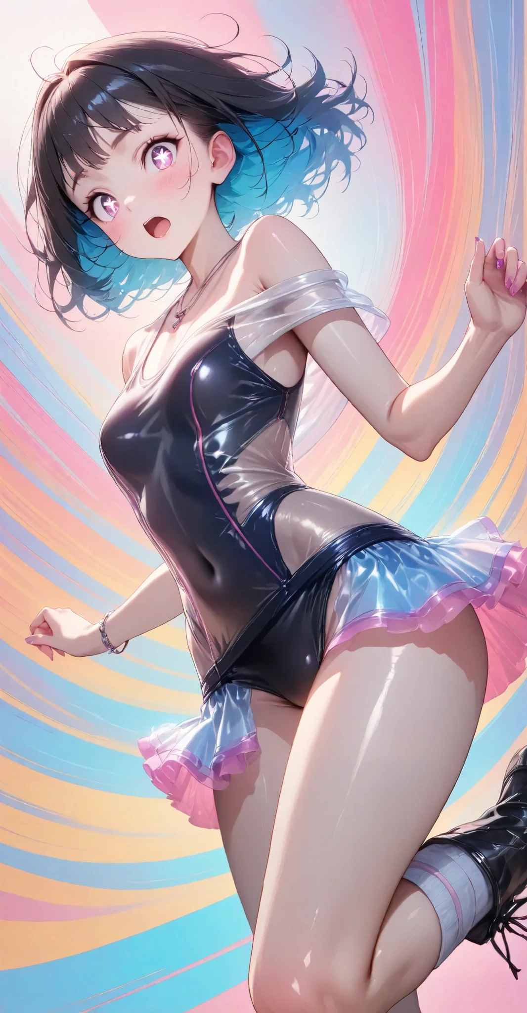 Highest quality,Highest Resolution,4K quality,A beautiful girl with a crying face spilling a lot of seductive saliva,Full body close-up,Drink a glass of water,,Yellow-green eyes,Black hair ponytail,,Iridescent Bra,Iridescent underwear,High leg,Rainbow garter belt,Rainbow colored knee-high stockings,Dark bedroom at night,Purple bedding,Sweating profusely,Open your mouth,Tears,Iridescent underwear,Standing posture,
