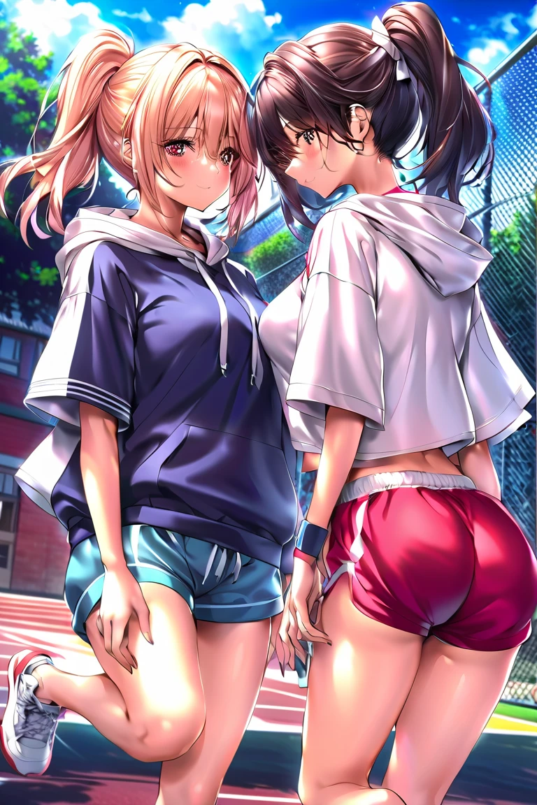 masterpiece, best quality, ultra-detailed, illustration, an extremely delicate and beautiful,high resolution, ultra-detailed,,perfect face,slender perfect body, Tight belly,Toned buttocks,Constricted waist,,(2 girls to running:1.7), 15yo,(1girlto pink hair,1girl to white hair), (1girl to very short hair,1girl to braided long hair),(hachimaki), shy daughter, short stature, small tits,(flom track and field), (fashionable track and field athlete),(bike shorts), small tits, (wet:1.2), track and field,((very wide shot )),(cameltoe),( visible through clothes)