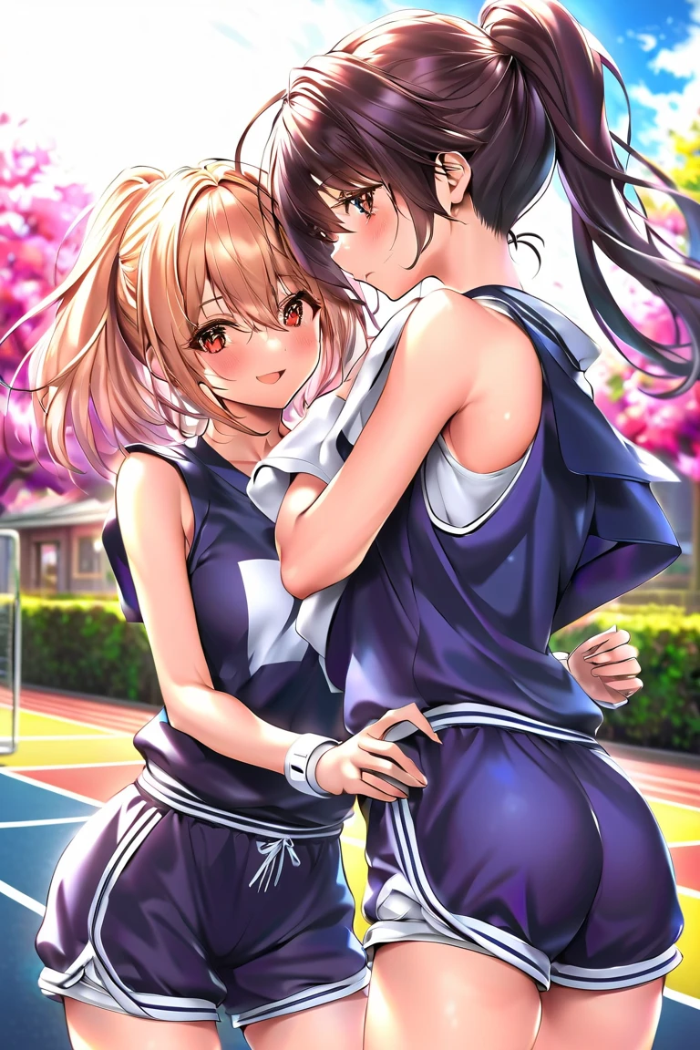 Two women having fun on the tennis court, lewd: 1,2, hentai: 1,2, NSFW: 1,2, lesbian micah: 1,2, grabbing each other's ass, kissing, blushing, wet sleeveless t-shirt, shorts, anatomically correct