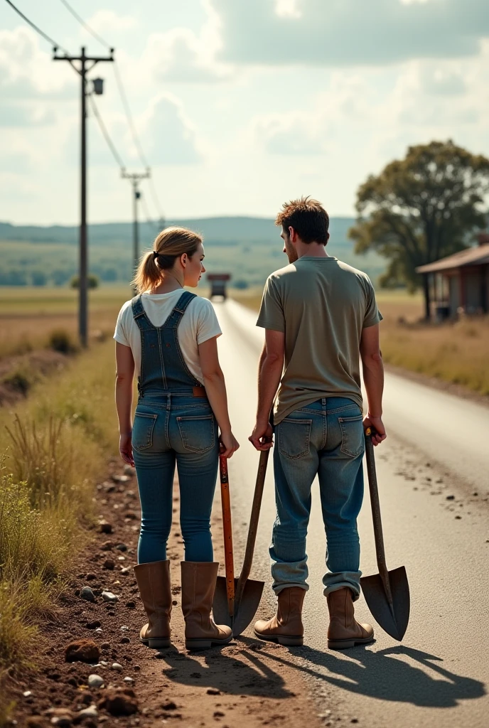 a couple of farmer man and farmer girl holding hands and walking in direction of the horizon