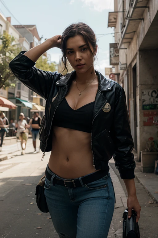30 years old, gorgeous cute Brazilian girl, smirk, freckles, (brown skin:1.6), (medium blue & red hair:1.4), (Gigi Hadid:1.4), arafed woman with tattoos and a jacket standing on a sidewalk, she is wearing streetwear, jacket over bare torso, in shorts, wearing red jacket, an aviator jacket and jorts, red jacket, bra and shorts streetwear, wearing jacket and skirt, wearing red shorts, multilayered outfit, hot-pants, wearing jacket, close up half body shot, with a sunset, sexy look, famous beautiful model, good young girl, (masterpiece:1.0),(best_quality:1.0), ultra high res,4K,ultra-detailed, photography, 8K, HDR, highres, absurdres:1.2, Kodak portra 400, blurry background, bokeh, lens flare, (vibrant_color:1.2),professional photograph, (beautiful_face:1.5),(narrow_waist). --v 6