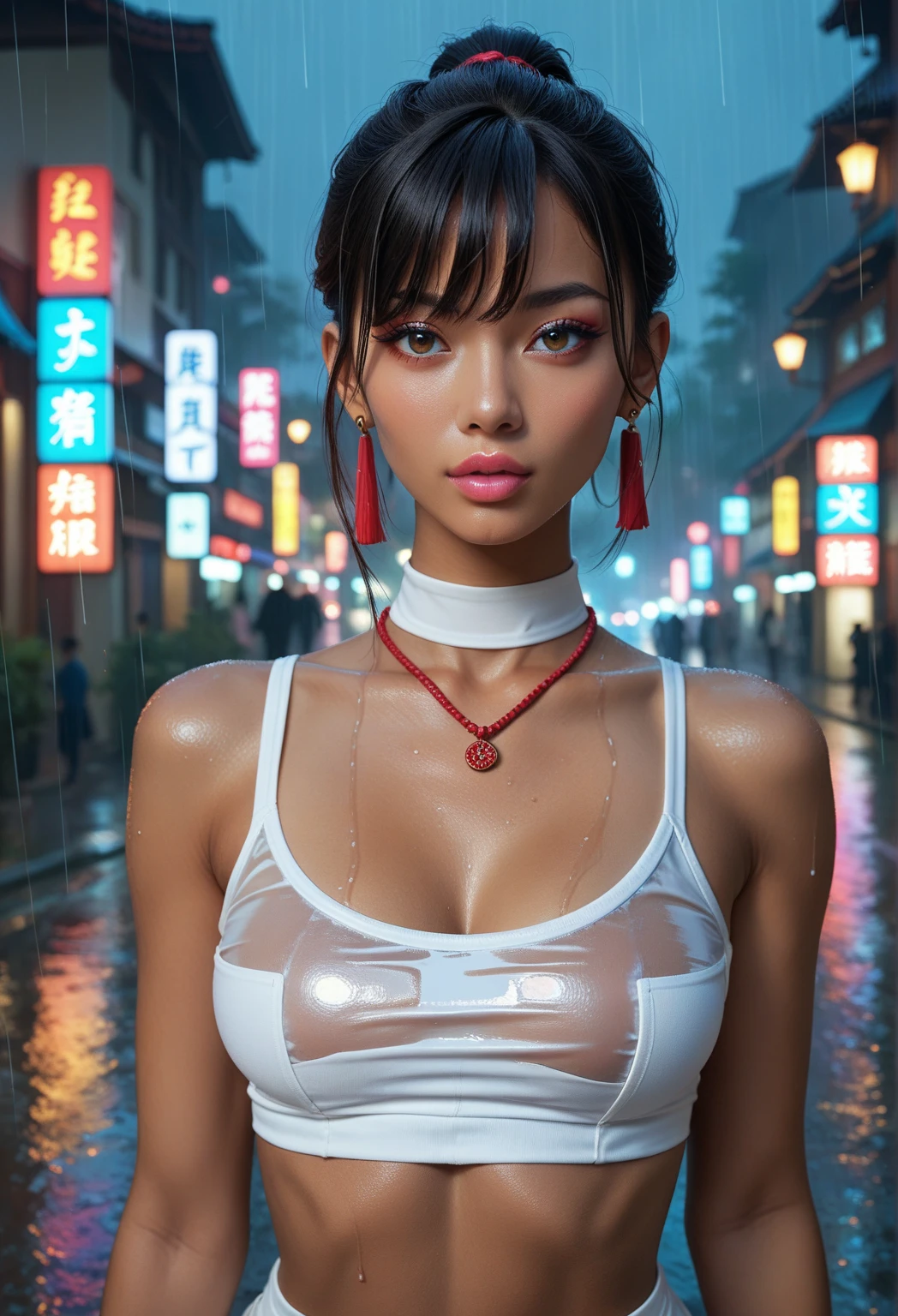 score_9, score_8_top, score_7_top, score_6_top, score_5_top, score_4_top, Full body portrait:1.7、It rains_My whole body is soaked in the rain、A young and very beautiful woman turning around、Gray Hair_short cropped hair、Ideally balanced body shape、Ample breasts、Narrow waist、Firm buttocks、Beautiful and detailed back、Beautifully detailed eyes、Beautifully detailed and well-proportioned face、Clear and detailed skin、Skimpy_Beige underweall the background with flowers、glowneon