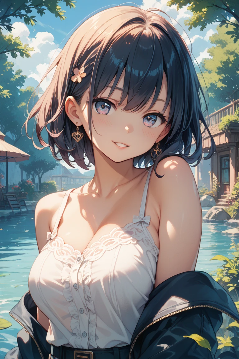 nsfw, masterpiece, hyper detailed, highres, good anatomy, (((best quality))), ((an extremely delicate and beautiful)), {{an extremely detailed and delicate}}, {8k cg wallpaper}, illustration, (greyscale with colored background:1.1), ray tracing, bokeh, (colorful flowers:1.8), water, (water drop:1.8), (ripples:1.3), (reflection:1.1), (light particles:1.5), chromatic aberration, from above, upper body, (mature female), 1girl, solo, standing, looking at viewer, wet, blush, medium breasts, (cleavage:1), hiten1,