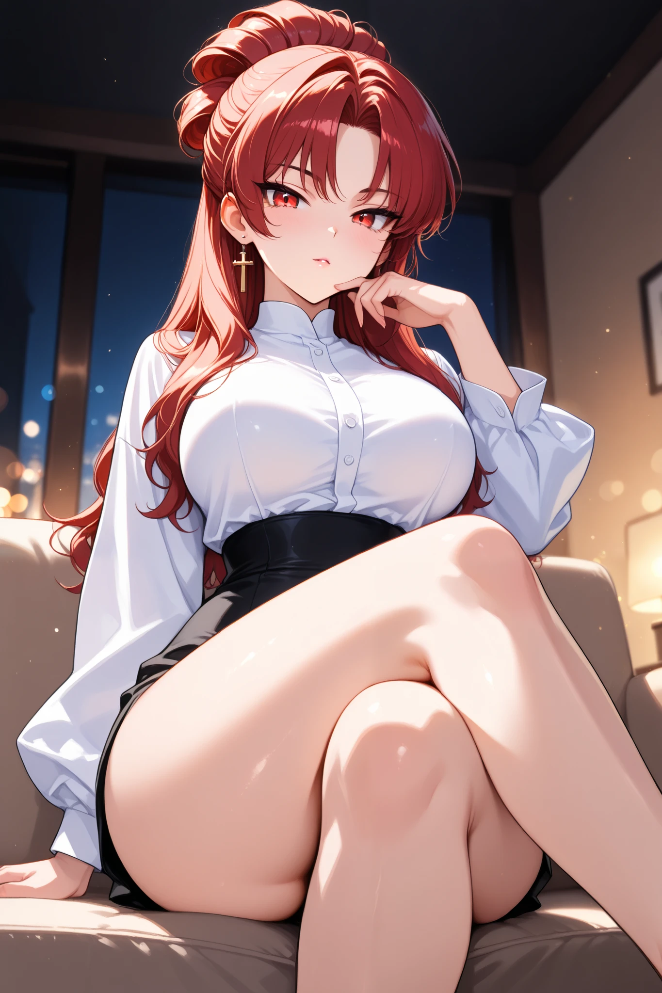Arti future anime. Birds eye view, dirty woman sitting on chair in dilapidated house, wet messy hair over eyes, detailed bodycon shirt and pleated skirt. vixip, close-up landscape, hurt. Hand drawing, cinematic lighting, highly detailed. White, brown, red. Perfect composition, masterpiece, best quality, 4k, sharp focus. perfect anatomy.