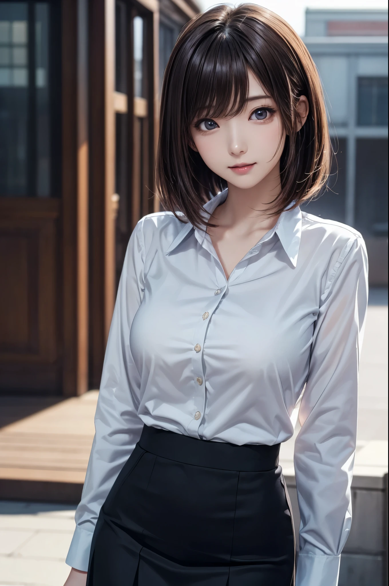 1girl, medium shot angle, wallpaper of extremely detailed CG unit, Digital painting, kawaii anime, straight bob hair, beautiful breasts, radiant skin glow, natural face lighting, wearing a business suit, dress shirt, skirt, (masterpiece, best quality, very aesthetic, ultra detailed:1.2), intricate details, high resolution, 8k, sunlight