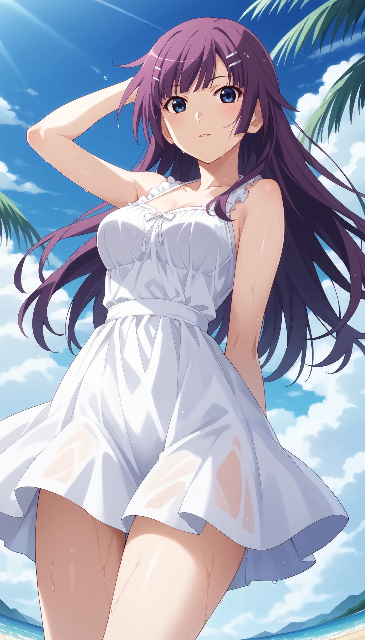 (((Hitagi Senjougahara)))、white dress、medium breasts、Seaside beach、pose to raise both arms、purple hair、low angle、long hair、Ulchan-6500-v1.1, ( RAW photos :1.2), beautiful detailed, very detailed目 美しい目, beautiful eyes、Blue eyes、 file size is large, high resolution, very detailed, top quality, [masterpiece:1.6], Awareness-raising, very detailed, CG, finely, top quality, 8K wallpaper, perfect body shape、Dynamic、very detailed、Wet Body、Slim and beautiful thighs