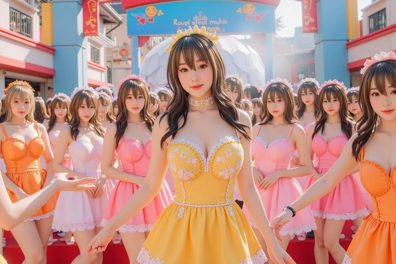 (Realistic, Realistic: 1.37), (masterpiece:1.3, highest quality: 1.37), (Ultra-high resolution:1.2), (RAW Photos:1.2), (Sharp focus:1.3), (Face Focus:1.2), (Ultra High Definition CG Integrated 8K Wallpaper:1.2), (Beautiful Skin:1.2), (Shiny skin:1.3), (Ultra-sharp focus:1.5), (Ultra Sharp focus:1.5), (Beautiful pretty face:1.3), (Japanese actress face:1.3), (Highly detailed background, Detailed background:1.3), Real human skin, (Detailed face), (Symmetrical eyes), (Realistic fingers in every detail), Front Face, Low angle, Looking down at the viewer, Full Body Shot, break, One girl:1.3, 20-year-old, slim, (Middle chest:1.37, Showing cleavage), Glossy Lips, Natural Makeup, Idol singer standing in the center of the stage, Spotlight idol singer wear(sexy short ruffle dress:1.3), Knee-high boots, Earrings, necklace, bracelet, Hair bandana, Yellow nails, Hairstyle(High Ponytail:1.3), Idol Smile, Beautiful posture, Idol singer holds electric guitar and microphone(cordless), sing, (star twinkle background:1.5), milky way, Planetarium、Nipples are visible