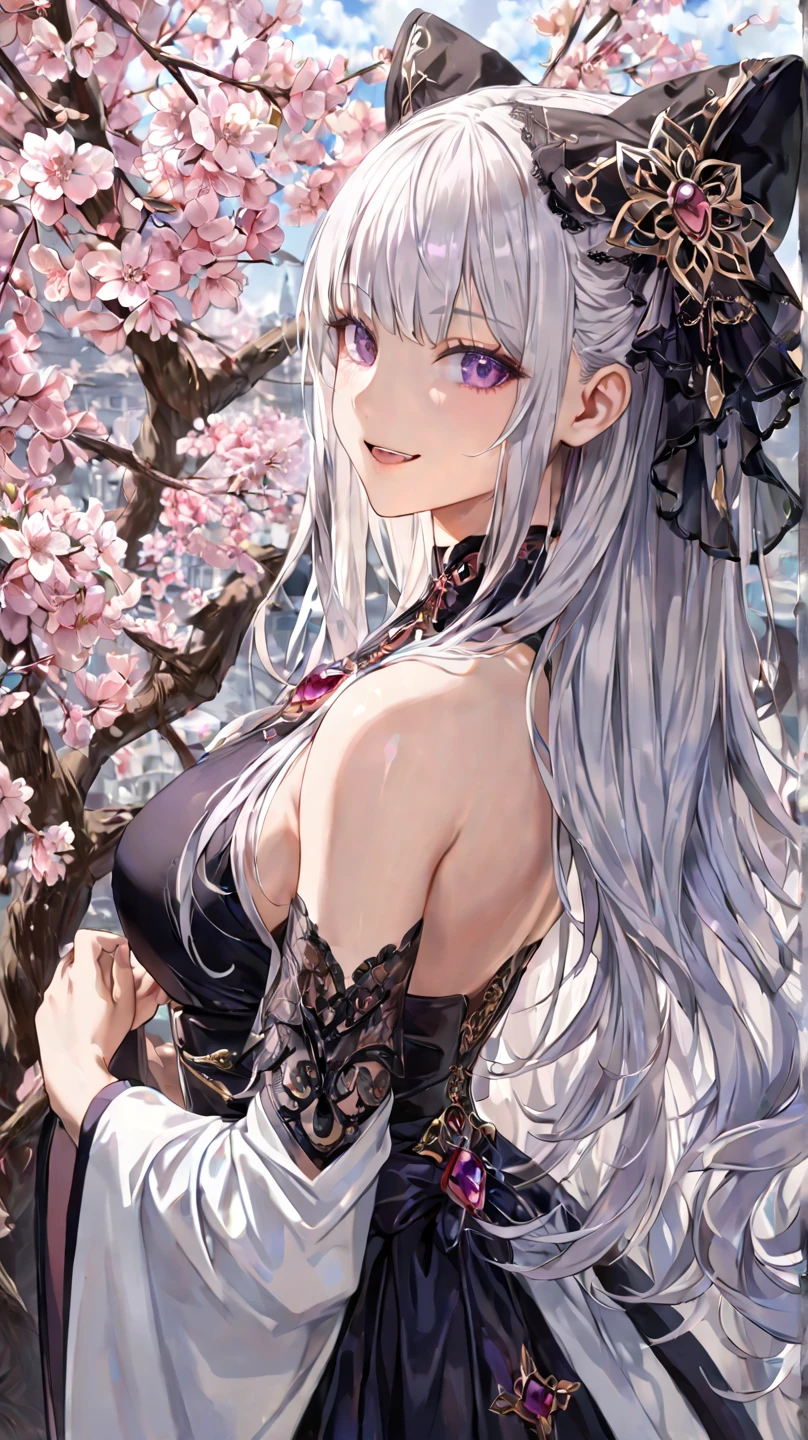 {{{masterpiece}, }}, {Extremely detailed CG unity 8k wallpaper}, Astonishing, Fine details, Solitary, {{Flowing hair}, }, {{Cherry blossoms}, }, outdoor, Sky, {{Wind}, }, Detailed background, Beautiful and delicate eyes, transparent:evening dress:0.3, cleveage, Smart pupils, {{whole body}, }, Dynamic poses, Dynamic angle, cleveage, looking at the audience, Detailed clothes, movie lighting, close up, best quality