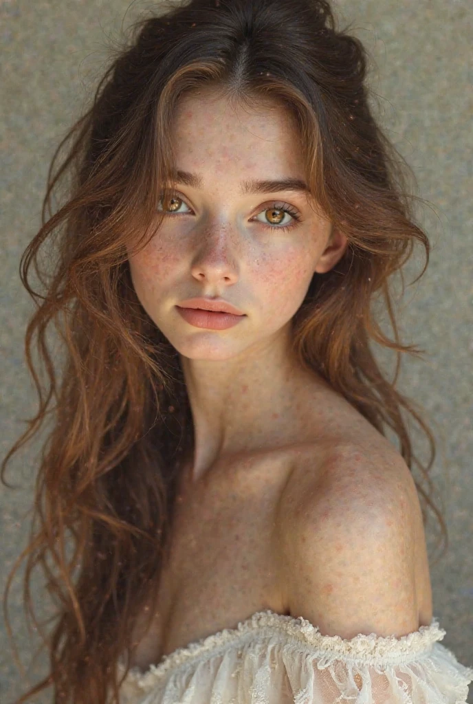 Young woman with fair skin, adorned with freckles on her cheeks, Full body photography, displays an athletic figure. The ultra-realistic photograph, large breasts 36DD, taken with a high-fidelity camera, captures every intricate detail of her skin texture, the vibrant color and natural curls of her red-brown hair, and the captivating depth of her brown eyes. Her curly locks cascade down in luscious waves, each strand shimmering under the soft, natural light. The freckles on her cheeks add a charming touch to her flawless complexion, giving her a youthful and playful look. photograph taken at night. She is wearing jeans and a black button up shirt, full body photograph, photograph taken at night.