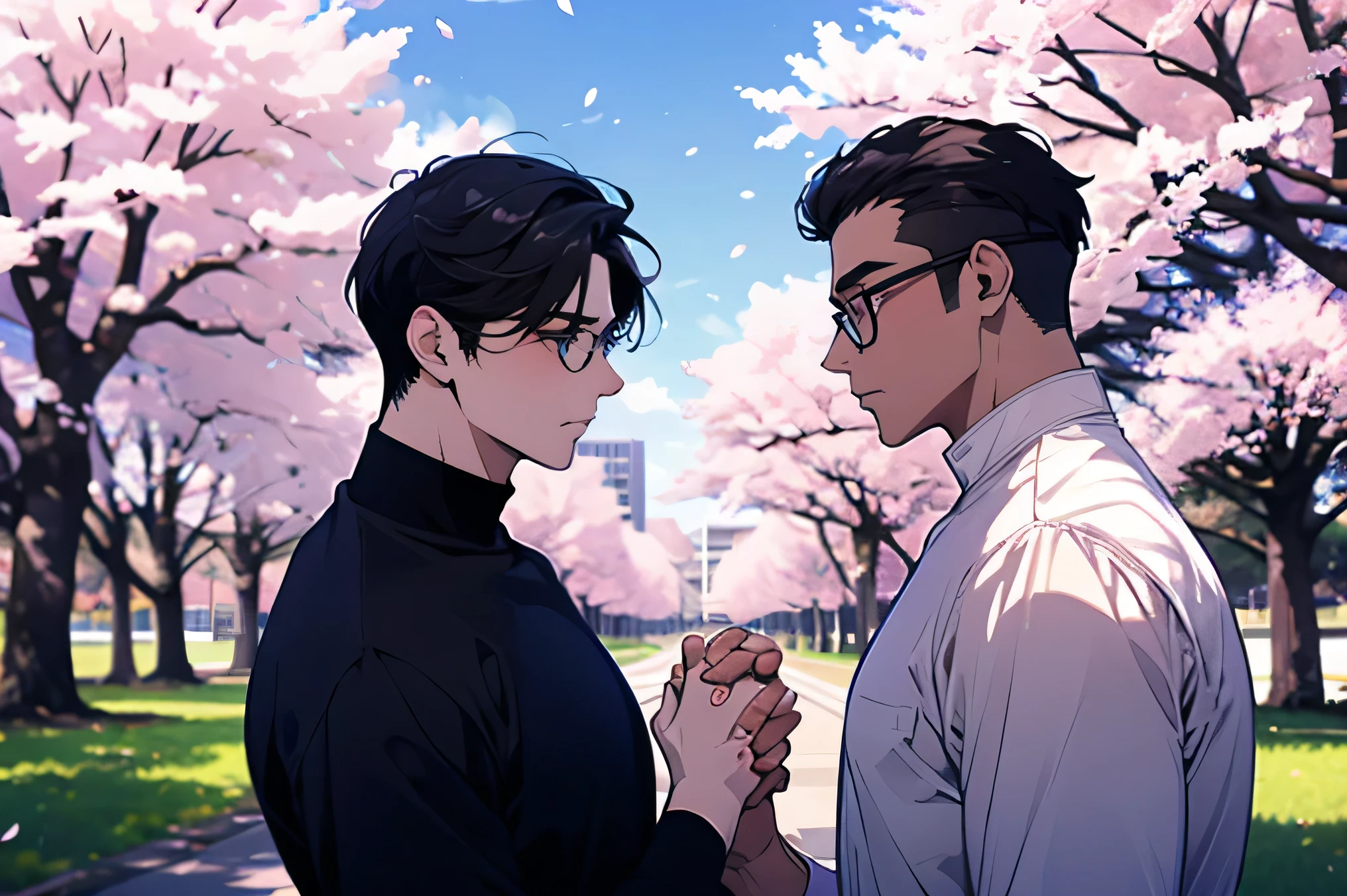 Man Two 　Two handsome guys　　very short black hair　　　Face bigger than shoulders　　　Face up big and above shoulders　　face up　glasses　 tight high neck shirt navy　　　　cherry tree at the entrance ceremony　　blue sky　　Cherry blossom trees in the background　cherry blossoms in full bloom　The two hold hands 