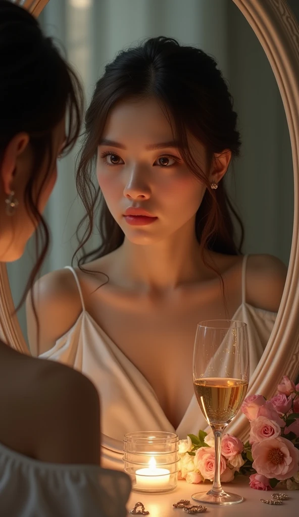 A beautiful woman in a camisole smoking a cigarette on the balcony at night。profile