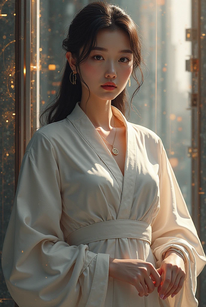 (airport:1), PM, (gown:1), Light brown fringe shorthair, Light brown eyes, 1girl in, 20yr old, Innocence, (Photorealsitic), (intricate-detail:1.2),(masterpiece, :1.3),(top-quality:1.4), (超A high resolution:1.2), 超A high resolution, (A detailed eye), (detailed facial features), nffsw, 8K分辨率, (lensflare:0.7), Looks Back, Busy with inspection reports,