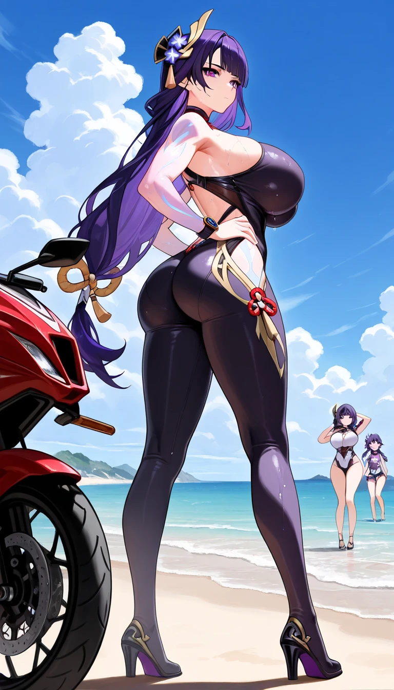 masterpiece, best quality,1girl,solo,kirasaka sayaka,brown hair,long hair,ponytail, hair ribbon, green eyes,,purple thighhighs, wariza, (bikini). ((Riding machine)),outdoors