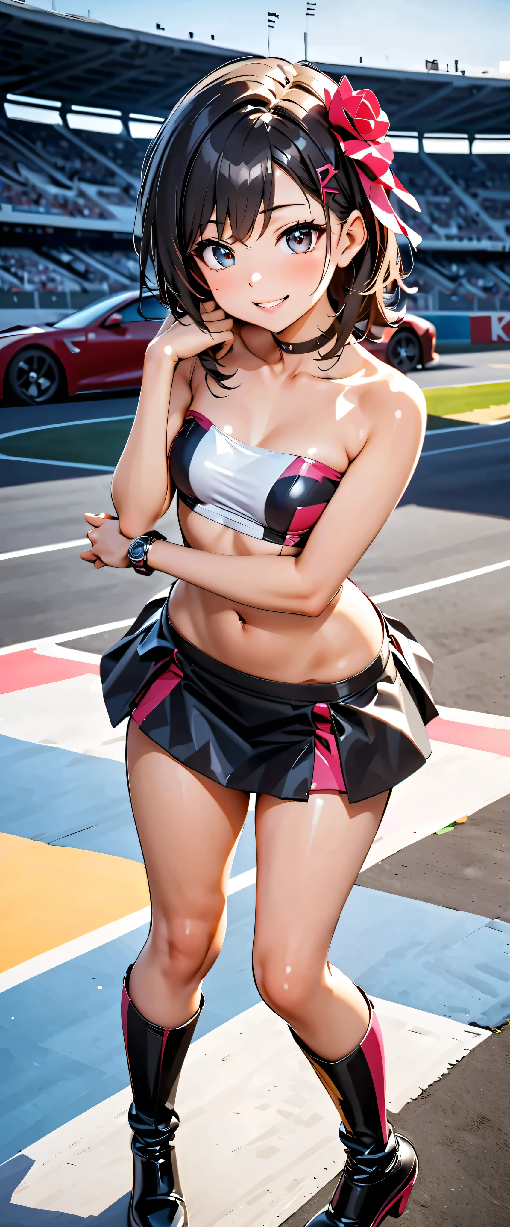 top quality, ultra high definition, One person, small breasts, black choker, smile, exposes shoulders, focus only , watch viewers,Fair skin,Car racing track,photon mapping, physically-based rendering, RAW photos , very detailed background, K-pop Idol ,is written in depth,hair ornament,detailed face, glowing skin, game cg,full body, Shiny Micro Tight Mini Skirt,shiny micro tube top,shiny knee-high long boots,race queen,Sexy Poses,holding a flag,gross lips,Mizuki
