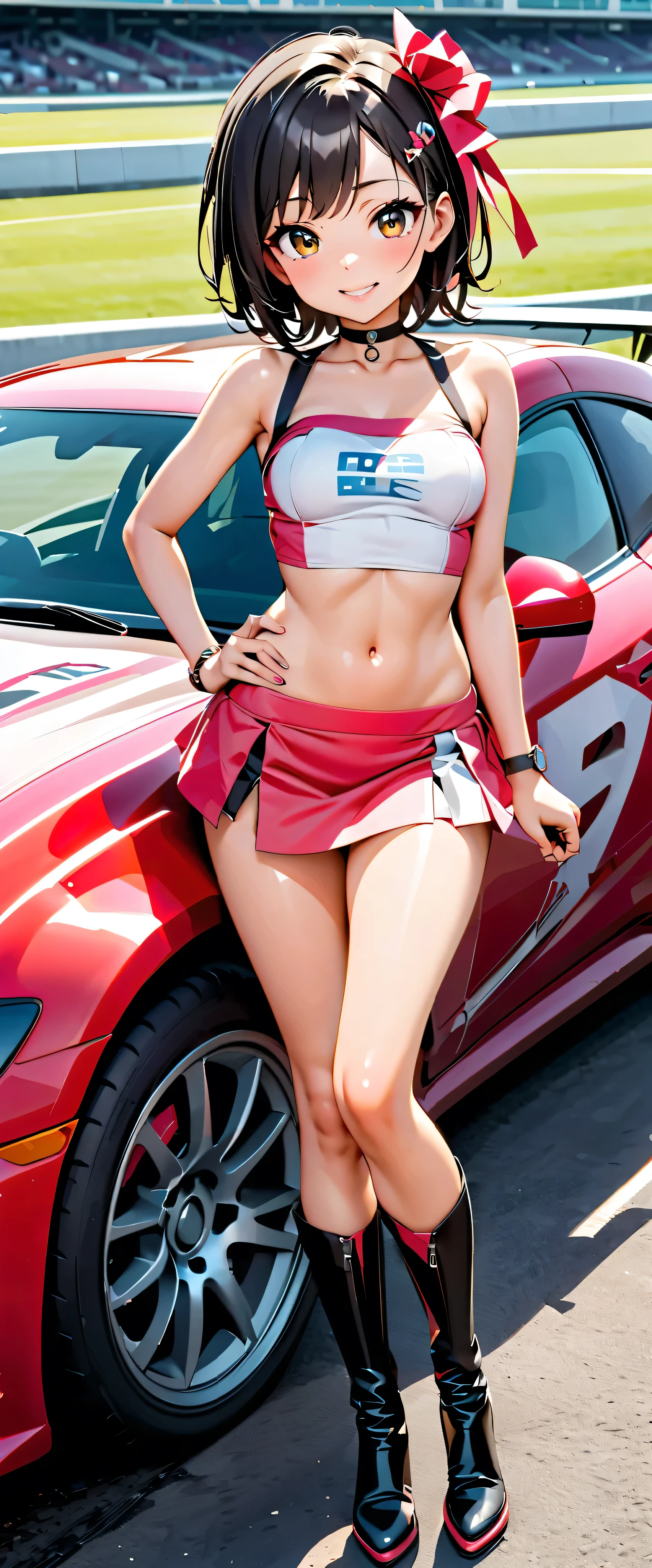 top quality, ultra high definition, One person, small breasts, black choker, smile, exposes shoulders, focus only , watch viewers,Fair skin,Car racing track,photon mapping, physically-based rendering, RAW photos , very detailed background, K-pop Idol ,is written in depth,hair ornament,detailed face, glowing skin, game cg,full body, Shiny Micro Tight Mini Skirt,shiny micro tube top,shiny knee-high long boots,race queen,Sexy Poses,holding a flag,gross lips,Mizuki