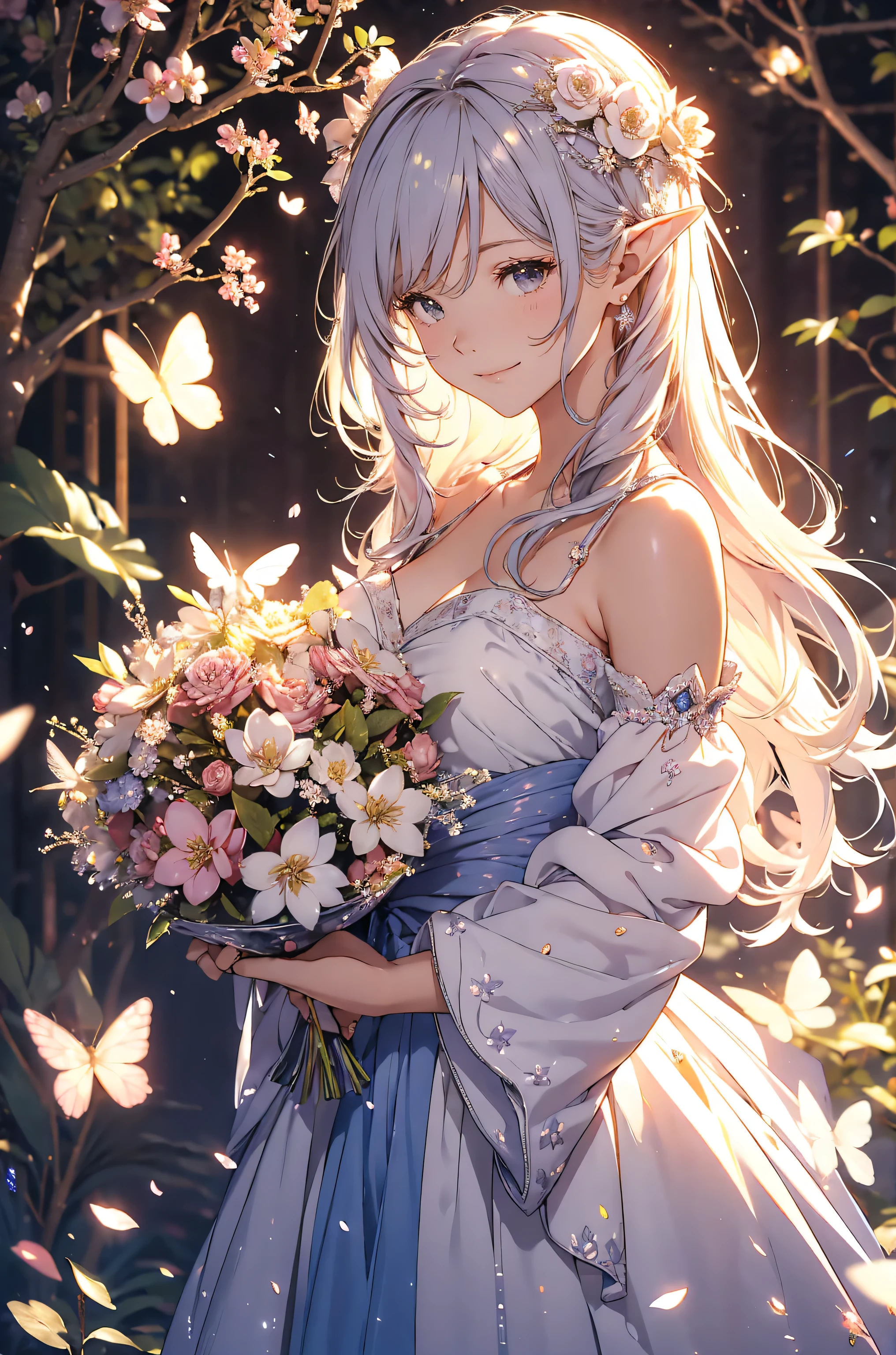 best quality エロティシズム!mystical 、(Dutch angle) 1 WOMAN cute smile!smile! gentle gaze , beautiful 、elf ears、 胸囲130 美しい beautiful skin 、sexy、 美しい胸の肌!beautiful太もも、スラリとしたモデル体型、 music Healing simple lawn composition fantasy world、夜の星空、 銀河 西洋ファンタジー 風に flower、 beautiful Green grass Beautiful Rose Hedge flower pot Many kinds of flowers Mr..々flower butterfly々 cherry blossoms、cherry blossoms舞い散る、
Keep it simple beautiful brilliance 、long silver hair、The strongest beautiful decorative flower sexy dress、 calm atmosphere 、 petals、 open 、 Beautiful young body 、 big 、beautiful skin, 、beautiful brilliance, high definition depiction , Realistic Fantasy Romanticism ,, ultimate beauty moving!high resolution,