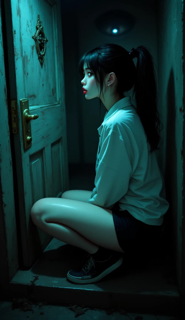 ((realistic, top quality, highest resolution, 8k)), ((accurate , accurate body, accurate hands, Accurate feet)), full body photo, she is a beautiful Japanese girl with lovely big , ponytail hair, black hair, silver eyes, red lips, pale skin, clean skin, Haunted house, Disneyland in the United States, Serious fear, at the back door, she was so scared that she was tired of the bottoms she was wearing, She has a white top shirt,  black shorts, black sneakers, The guests see mysterious eyes on the back door, A little bright lighting for guests