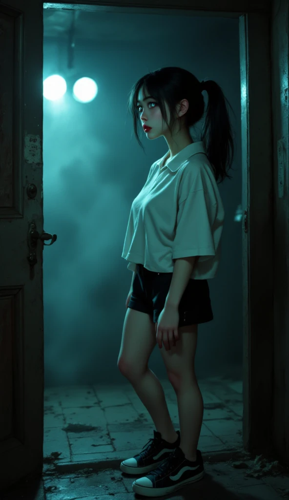 ((realistic, top quality, highest resolution, 8k)), ((accurate , accurate body, accurate hands, Accurate feet)), full body photo, she is a beautiful Japanese girl with lovely big , ponytail hair, black hair, silver eyes, red lips, pale skin, clean skin, Haunted house, Disneyland in the United States, Serious fear, at the back door, she was so scared that she was tired of the bottoms she was wearing, She has a white top shirt,  black shorts, black sneakers, The guests see mysterious eyes on the back door, A little bright lighting for guests