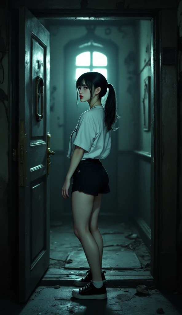 ((realistic, top quality, highest resolution, 8k)), ((accurate , accurate body, accurate hands, Accurate feet)), full body photo, she is a beautiful Japanese girl with lovely big , ponytail hair, black hair, silver eyes, red lips, pale skin, clean skin, Haunted house, Disneyland in the United States, Serious fear, at the back door, she was so scared that she was tired of the bottoms she was wearing, She has a white top shirt,  black shorts, black sneakers, The guests see mysterious eyes on the back door, A little bright lighting for guests