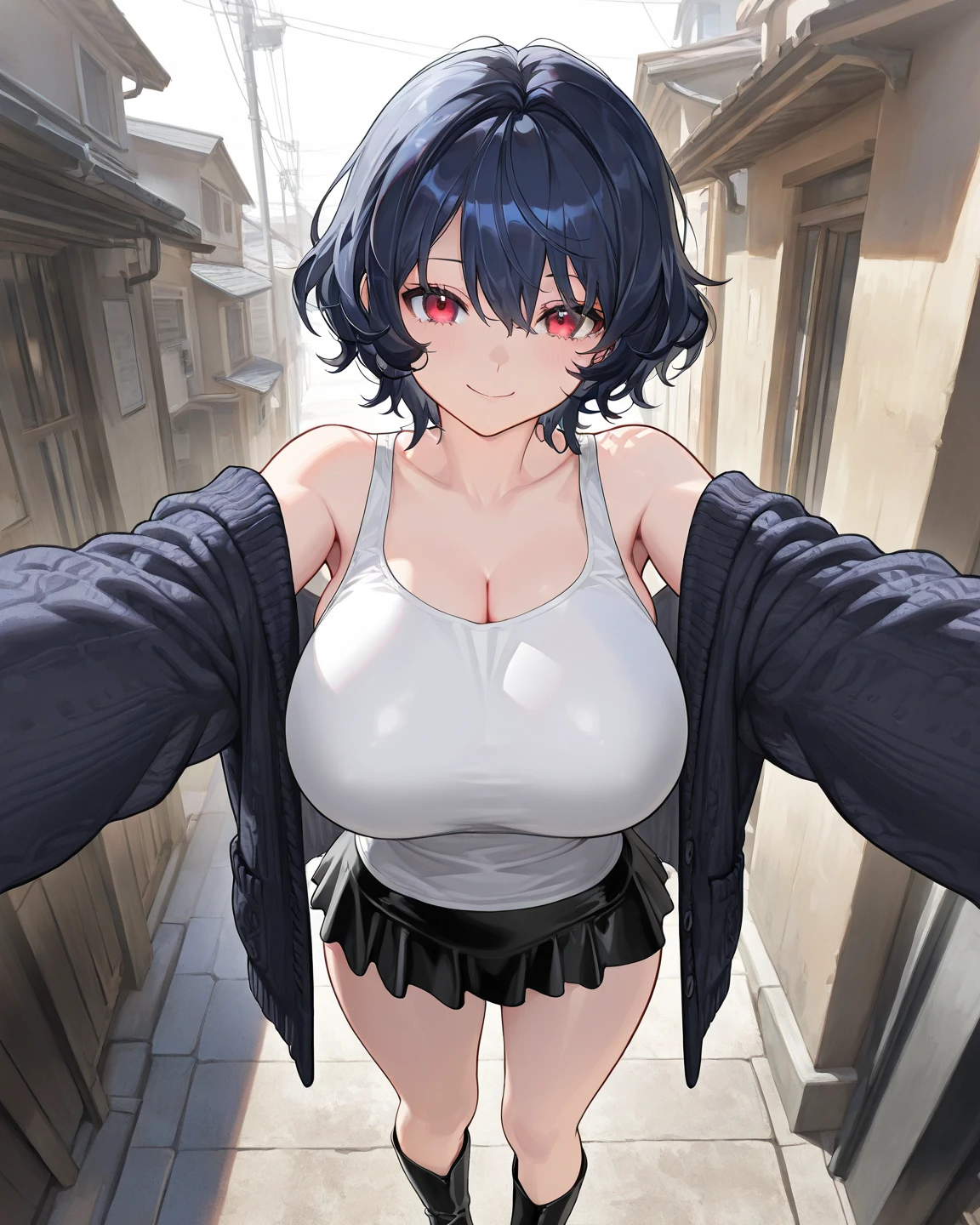  pov, handjob, grin, small breasts, short hair, rogue outfit 