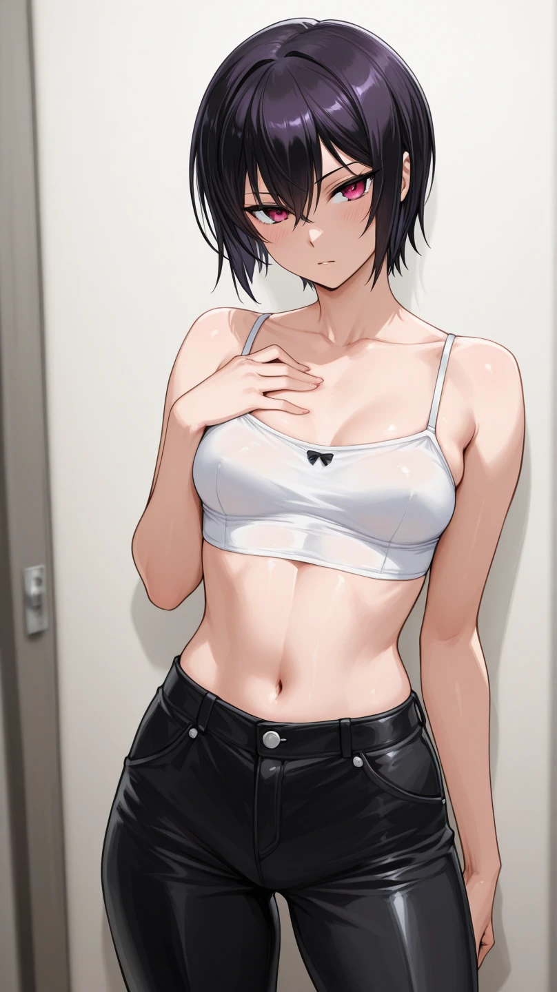 (CharacterSheet:1)anime screencap, hand on hip, nsfw. short hair, black hair, purple eyes, hair between eyes, cowboy shot, (best quality), (ultra-detailed), (best illustration), (best shadow), masterpiece, high res, (very deep cut blue short top:1.4), (summer hat) , navel, collar bone, collar, glasses, smile, furrowed eyebrows, small perfect breasts, black hair, purple eyes,
, (multiple views, full body, upper body, reference sheet:1), back view, front view, (white background, simple background:1.2),(dynamic_pose:1.2), (masterpiece:1.2), (best quality, highest quality), (ultra detailed), (8k, 4k, intricate), (50mm), (highly detailed:1.2),(detailed face:1.2), detailed_eyes,(gradients),(ambient light:1.3),(cinematic composition:1.3),(HDR:1),Accent Lighting,extremely detailed,original, highres,(perfect_???????:1.2),