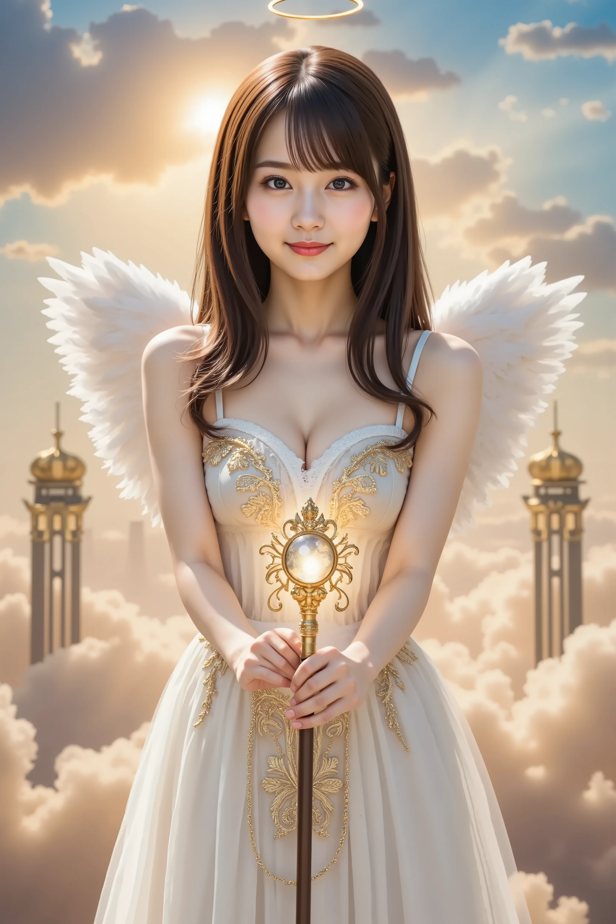 A highly detailed, ultra-realistic digital illustration of a beautiful young Asian female angel standing gracefully in the celestial heavens, holding a small, ornate angelic staff infused with divine energy. She is depicted from the waist up, her long, voluminous chestnut brown hair cascading in soft curls, with a few strands elegantly framing her delicate face. A radiant, golden halo floats above her head, casting a gentle glow around her. Her almond-shaped eyes shimmer with serenity and devotion, exuding an aura of purity and peace.

She wears an exquisite angelic gown, flowing and weightless, crafted from layers of shimmering white and soft gold silk. The bodice is adorned with delicate celestial embroidery, sparkling under the heavenly light. Translucent, feathered wings extend from her back, their pristine white feathers catching the ambient light, giving her a truly divine presence. In her hands, she gently holds a small, luminous staff, adorned with intricate engravings and a glowing crystal at its tip, radiating soft golden light that resonates with celestial energy.

The staff appears to channel divine power, its delicate structure woven with sacred inscriptions and shimmering filigree. It pulses softly, as if in harmony with the celestial realm, a symbol of guidance and heavenly wisdom. The gentle glow from the staff illuminates her surroundings, accentuating her ethereal beauty.

The background remains an awe-inspiring celestial kingdom, where endless clouds form a floating paradise beneath her feet. The sky above is a luminous expanse of pastel golds, soft blues, and streaks of gentle pink, with beams of divine light cascading down from an unseen sun. Ethereal floating temples with grand marble pillars and golden domes drift in the distance, their silhouettes blurred by the radiance of the divine realm. Angelic figures soar gracefully across the heavens, their white wings shimmering against the celestial backdrop.

The composition is perfectly balanced, 