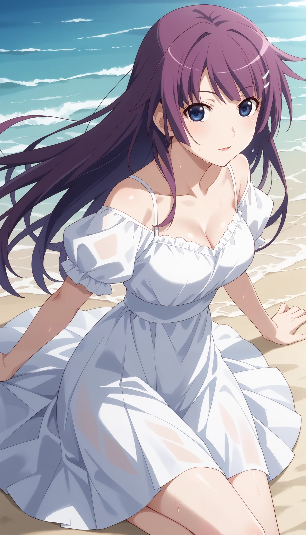 (((Hitagi Senjougahara)))、white dress、medium breasts、Seaside beach、pose to raise both arms、purple hair、angle from above、long hair、Ulchan-6500-v1.1, ( RAW photos :1.2), beautiful detailed, very detailed目 美しい目, beautiful eyes、Blue eyes、 file size is large, high resolution, very detailed, top quality, [masterpiece:1.6], Awareness-raising, very detailed, CG, finely, top quality, 8K wallpaper, perfect body shape、Dynamic、very detailed、Wet Body、Slim and beautiful thighs
