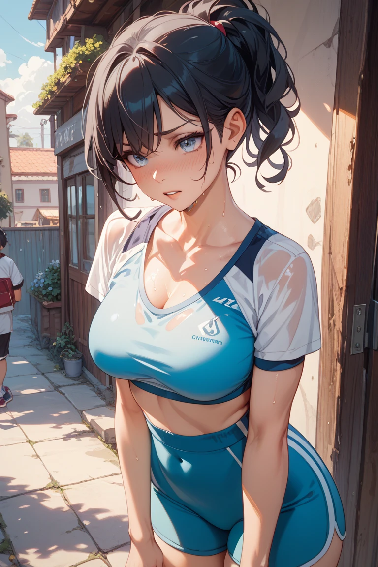 (masterpiece: 1.3), (8k, Realistic, RAW Photos, Highest quality: 1.4), Japanese schoolgirl, (Random Hairstyles: 1.2), (Micro Bikini: 1.2), (Ultra Detail Face, Attention to detail, double eyelid, Sharp focus: 1.2), (Cute Woman: 1.4), Light brown hair, Highest quality, masterpiece, Ultra-high resolution, (Realistic:1.4), Highly detailed and professionally lit smile, Playground Background, Athlete stretching, tight white crop top, Light blue racing shorts, Shiny sweat, Serious expression, short hair, Strong thighs, tight thin waist