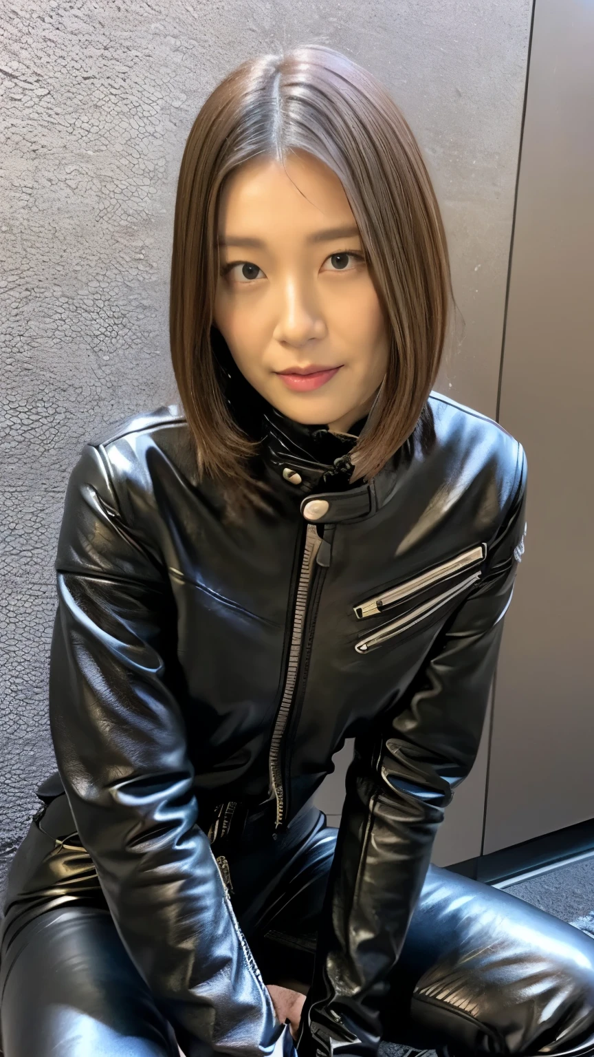 The leather jacket is wet、(((blouse is wet)))、((((clothes are wet))))、((Clothes with water))、((clothes that get wet and stick to the skin))、((skirt is wet))、((wet shiny skin))、((face wet))、((Wet hair clings to your face and shoulders))、water drop、((Brown hair is wet))、((Hair is disheveled))、a one woman、one piece、、Black underwear、underware,、Brown hair is wet、 (Realstic、RAW Photography、highest quality、Master peace、:1.2)、photoreal:1.37)、MLS、16k、Highres、Master peace、