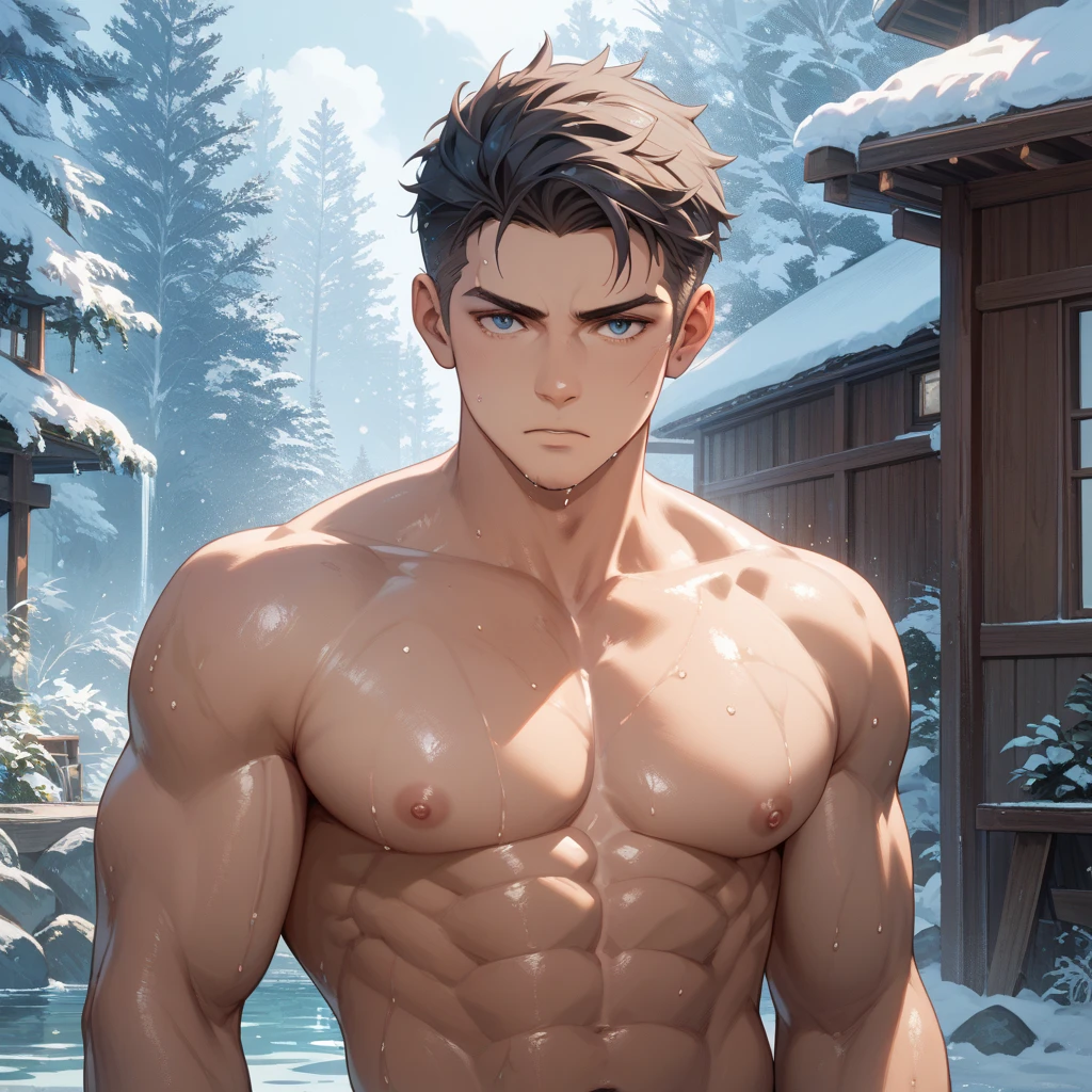 boy,without shirt,ready to fight,perfect face,forest lake,morning background,8k,masterpiece,ultrasharp,windy hair,
