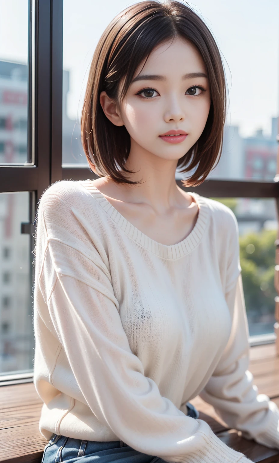 ((fireplace))、Snow outside the window、Warm room、Knitted shirt that shows big、Short-cut hairstyles、Beautiful breasts、full body Esbian、slim figure、Camisole、full body Esbian、女の子1人、Large bust、a picture、realisticlying、top-quality、adopt、A detailed face、细致背景、diffuse sunlight、depth of fields