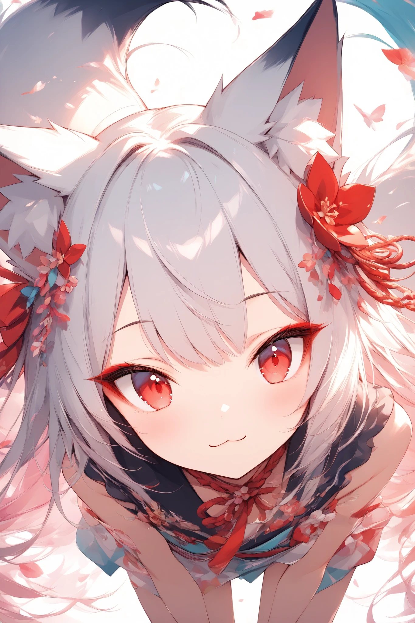 (masterpiece:1.2),high quality of wavy lines、very breathtaking、beautiful details、best image quality、((Three-dimensional works))、 fox girl、fox ears、fox tail、red eyes、tsurime、leaning forward、strangely look here、first-person view、close-up on the background、 Fresh Colors 、Refreshing work,:3,cute