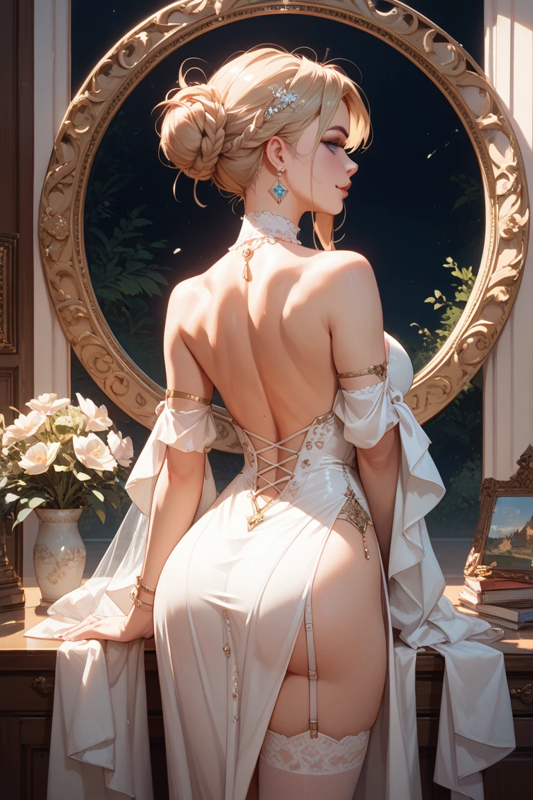 (masterpiece:1.2, highest quality), realistic, (real picture, intricate details, Depth of the bounds written,High-neck clothes), parted lips, very detailed, perfect face, perfect body, large model,
mature woman, expensive, long legs,
natural bokeh background,Costume with large open chest,revealing costumes,The lower body is only underwear,Only the upper body is dressed,random hairstyles,back view,Sheer buttocks