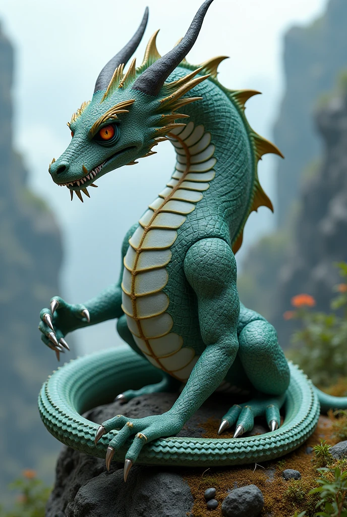 There is a terrified woman standing on all fours on a stone plinth outside of a forgotten asian temple, Her feet and hands are stuck to the plinth as they turn to jade stone, she morphs into an eastern dragon as her flesh petrifies into jade stone, human chinese dragon statue hybridization, HD, extreme detail, photorealistic, marble, long body, long neck, long tail