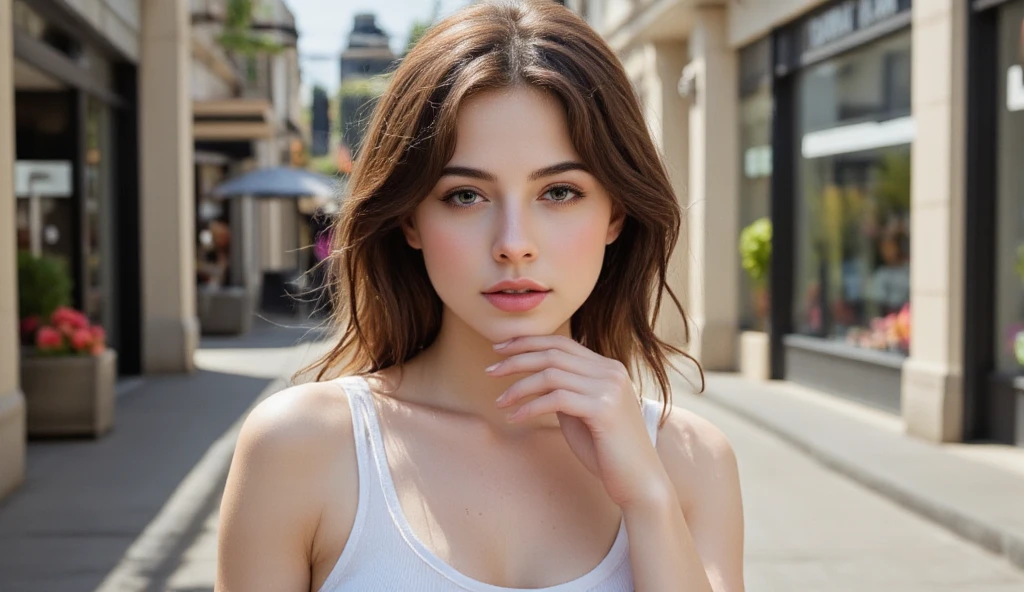 ((Best quality, 8k, Masterpiece, Sharp focus, 35mm lens, f/0.8, amazing beautiful perfect figure :1.4)), side lighting, ((natural medium breasts )), (white shoulder knit sweater:1.2), (street background:1.2), Highly detailed face and skin texture:1.2, Detailed black eyes:1.2, super detailed skin, shiny skin:1.2, Blushing , beautiful detailed makeup:1.2, high-fidelity bangs, brilliant light blonde long random hairstyle, from below, looking at viewer